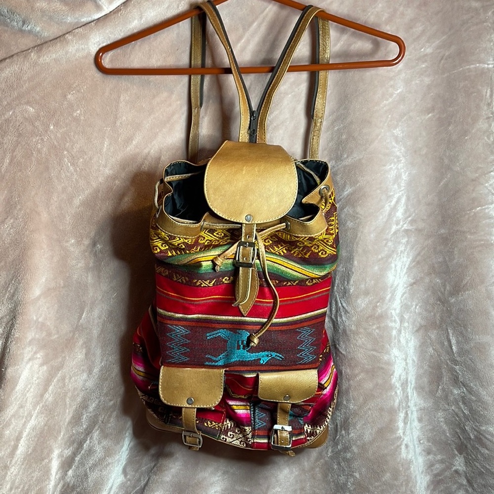 Aztec Leather and canvas backpack/ single shoulder bag